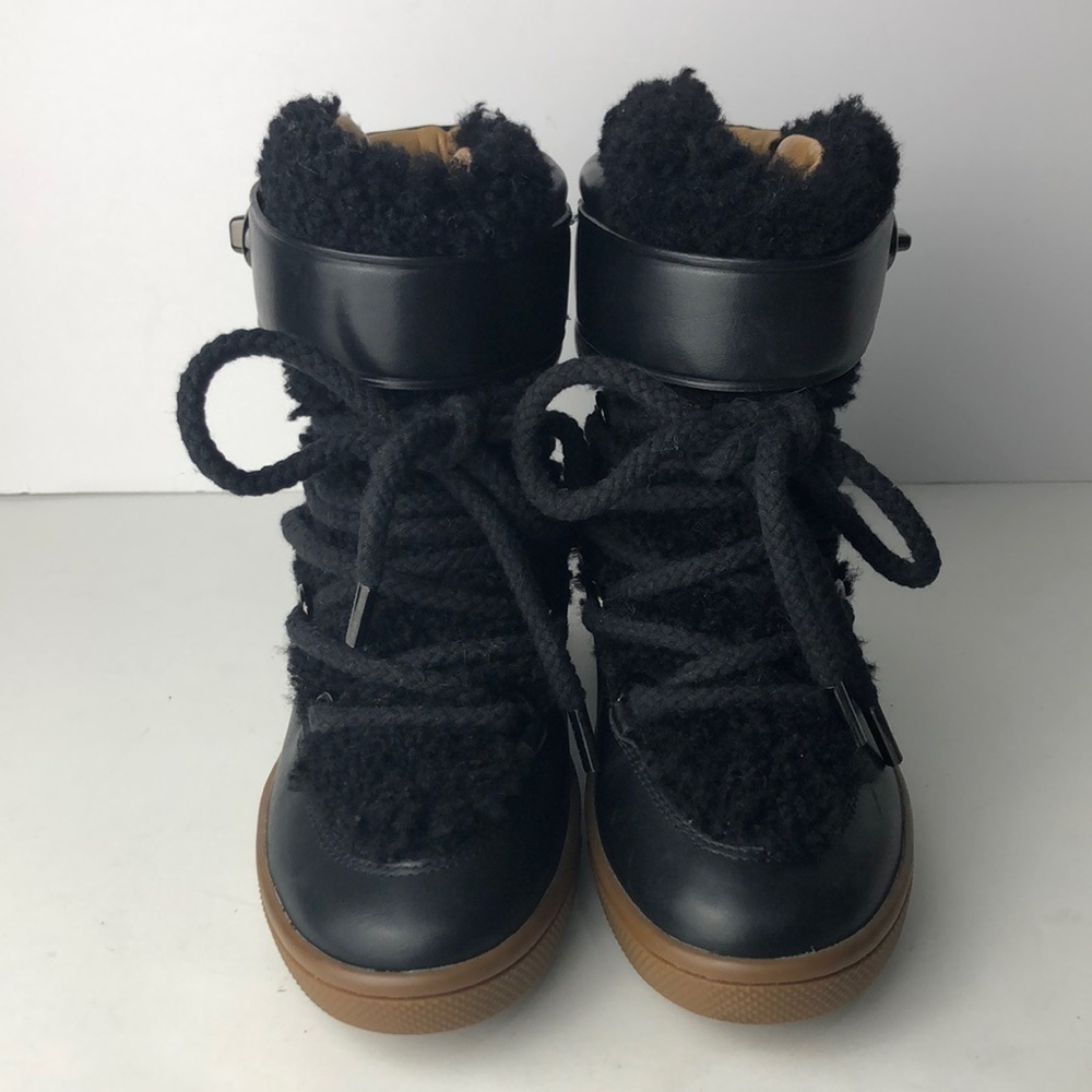 Coach Monroe Black Leather Shearling Ankle Wedge Boots 6 - Picture 2 of 11